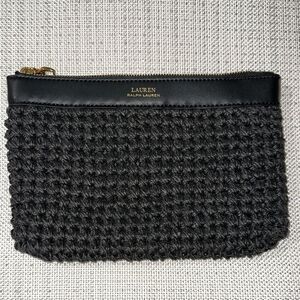 LRL Black Gold Tone Raffia Paper Straw Woven Faux Leather Clutch